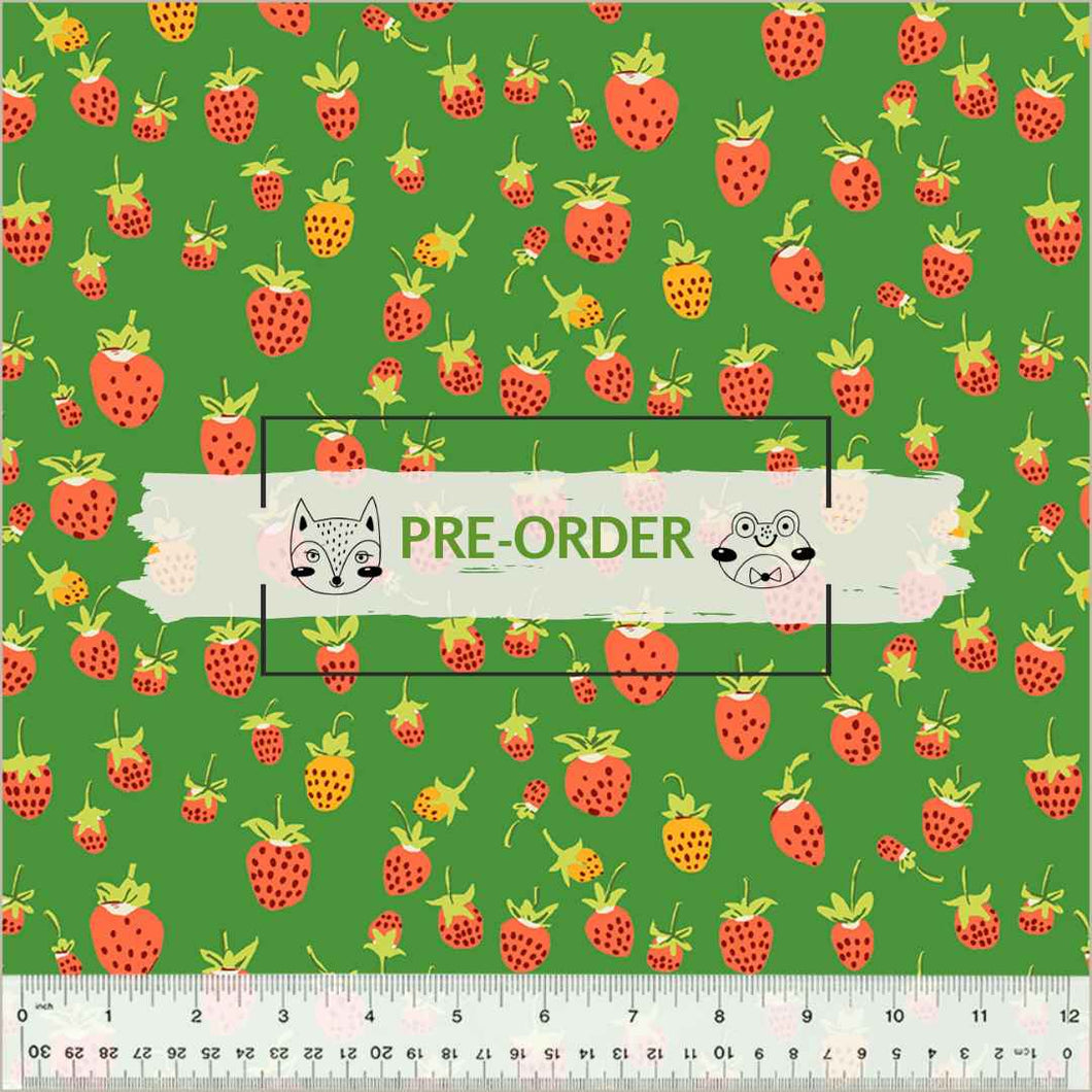 Heather Ross - Studio Edit - Strawberries Green- 1/2yd - PRE-ORDER - JUNE 2025